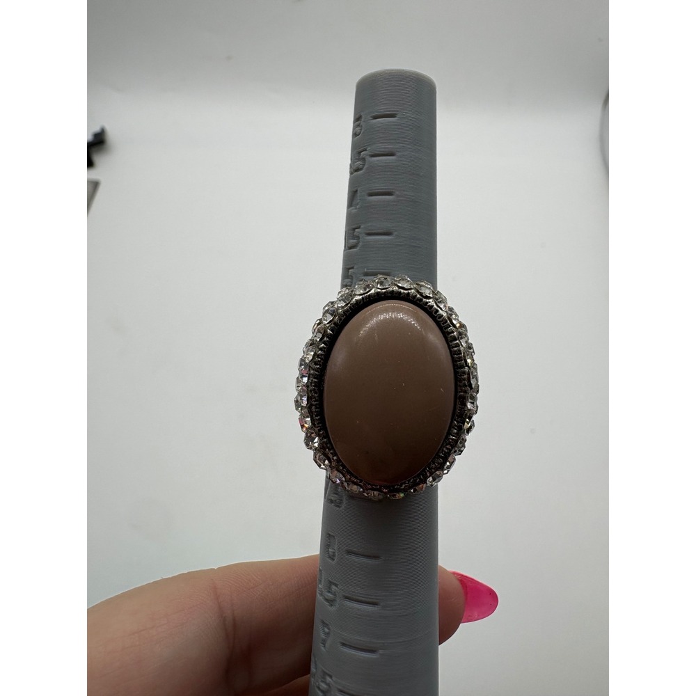 Vtg Silver Tone Taupe‎ Oval Cabochon Rhinestone Halo Statement Ring 6.25